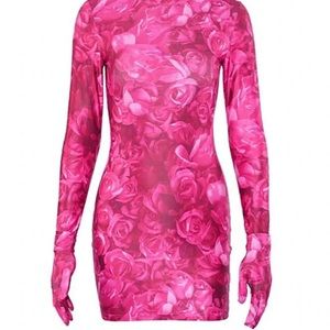 Pink Long Sleeve Roses Dress with Gloves